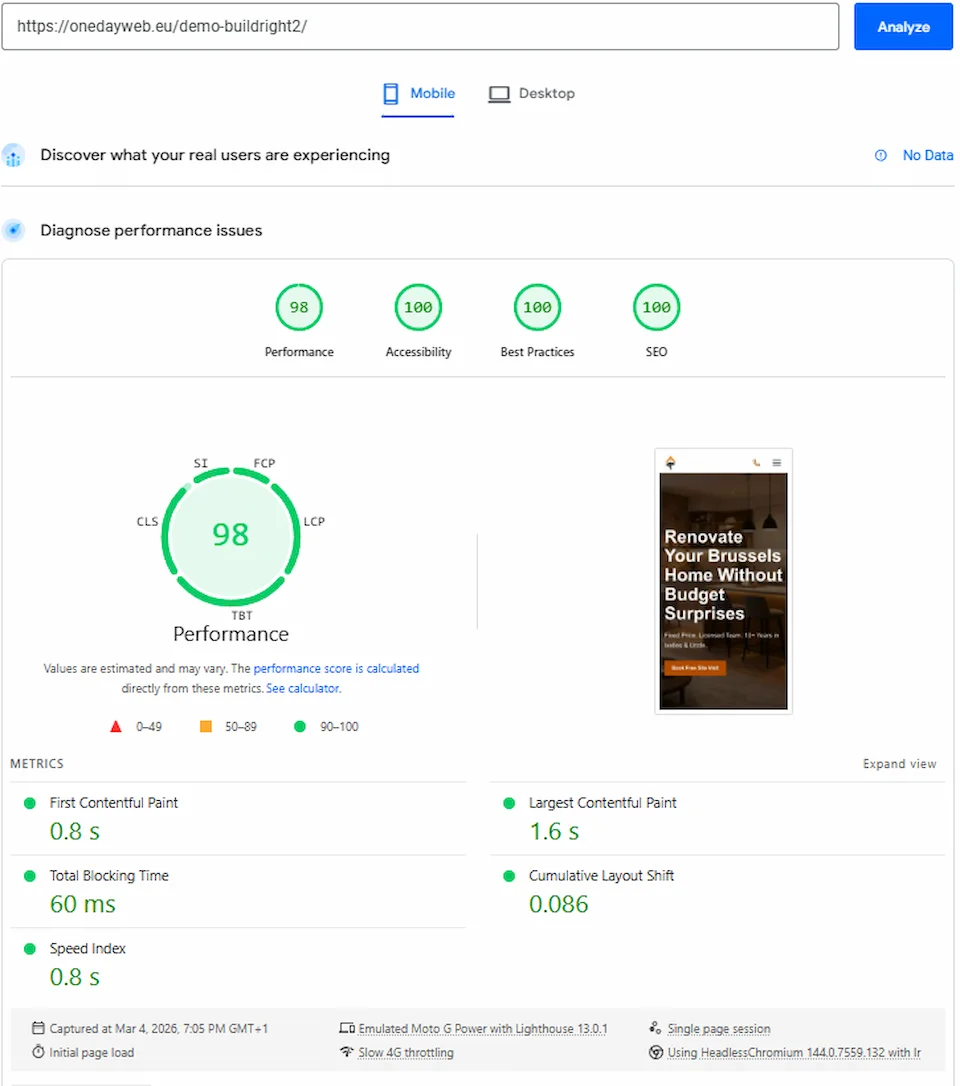 Construction template PageSpeed screenshot
