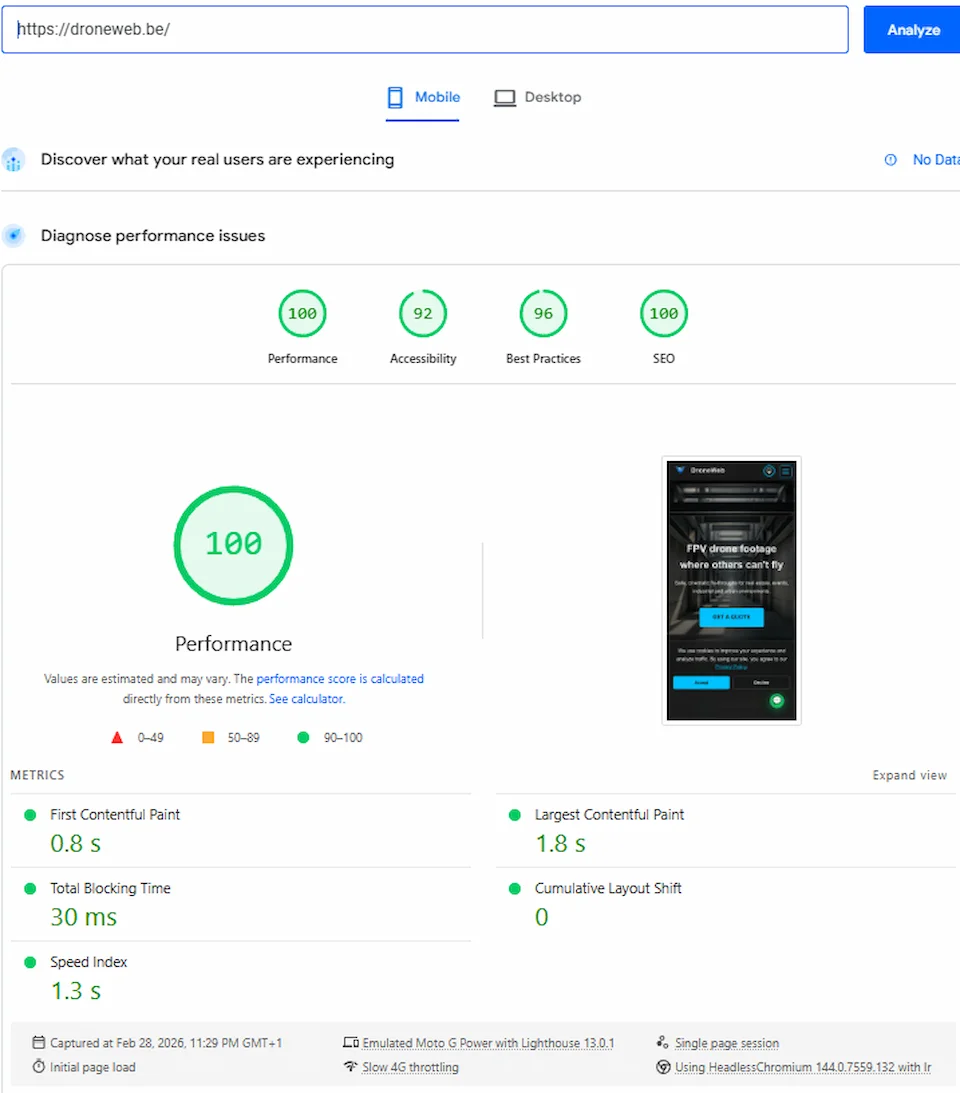 DroneWeb PageSpeed Insights mobile screenshot